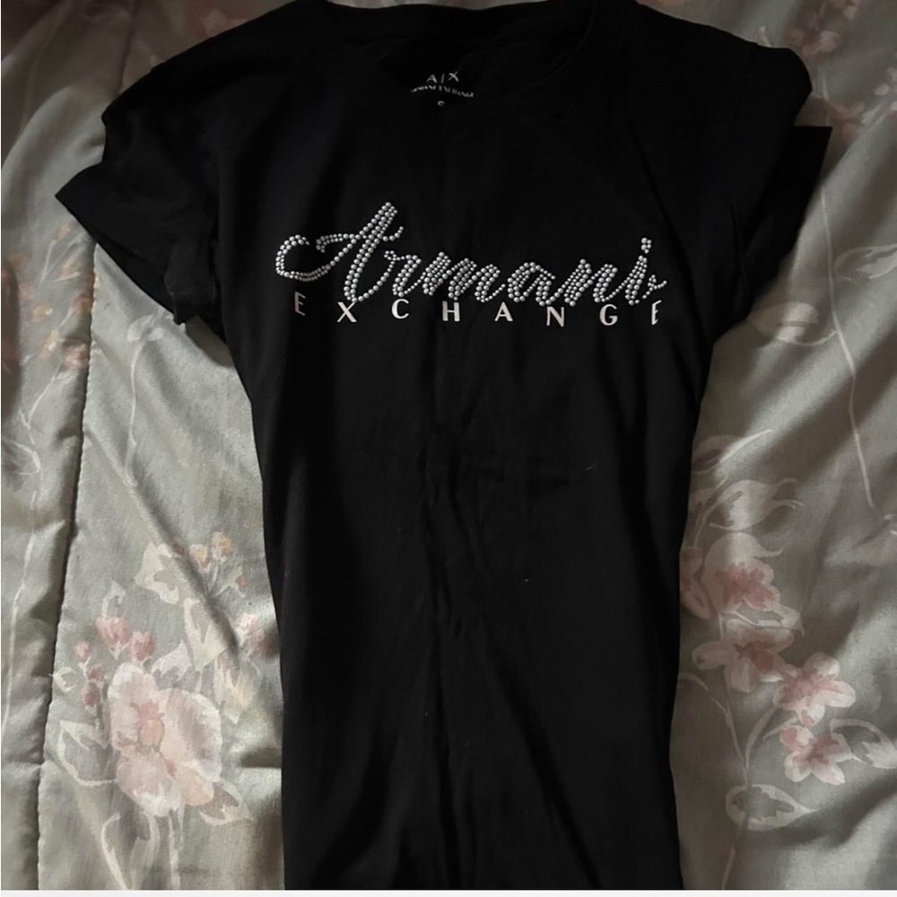 Armani Exchange Black Tee with Rhinestone Detail